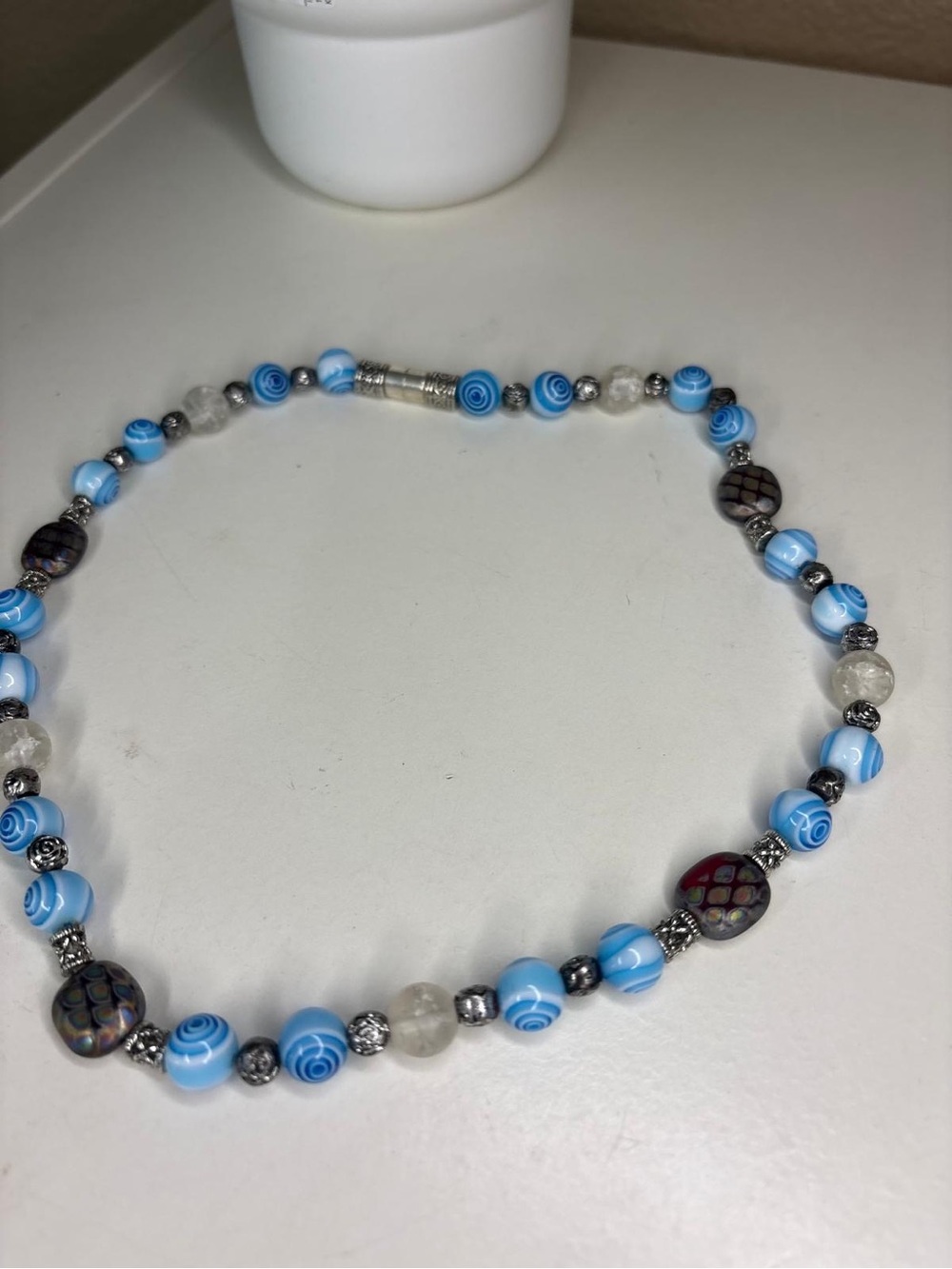 Artisan Blue & White Swirl Glass Beaded Statement Necklace Boho Y2K